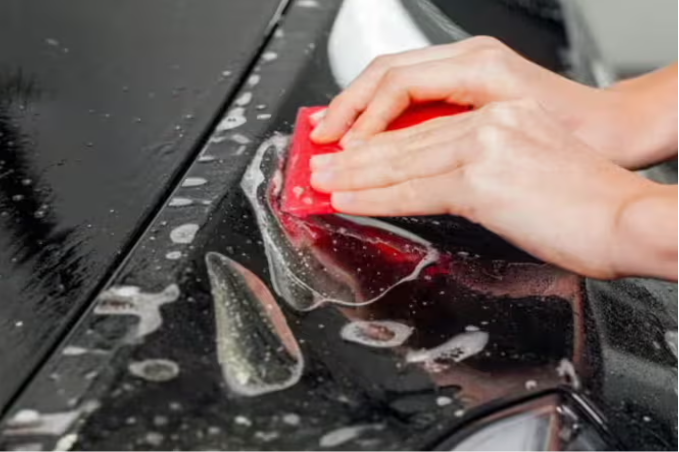 PPF installation — application on black Tesla