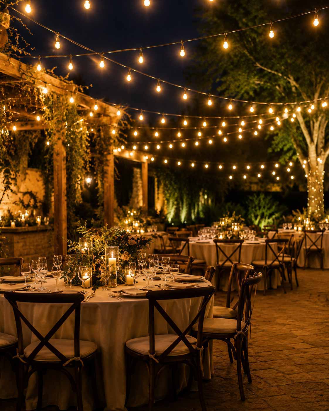 Outdoor reception under string lights