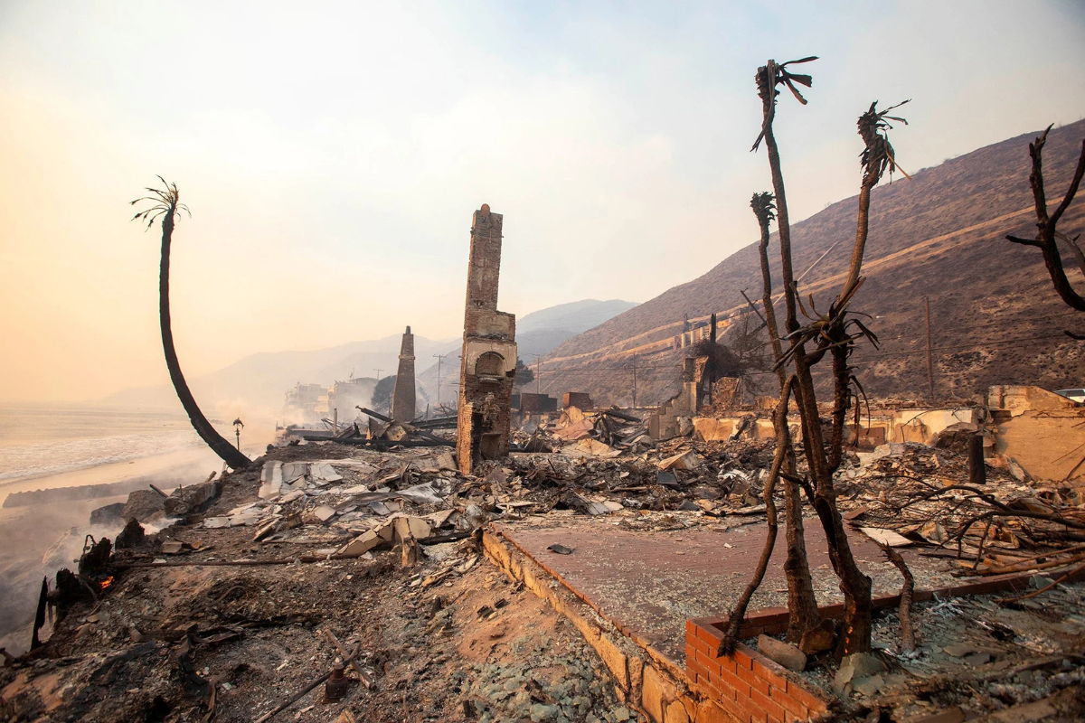 Burned landscape with charred trees and ruins after a wildfire.