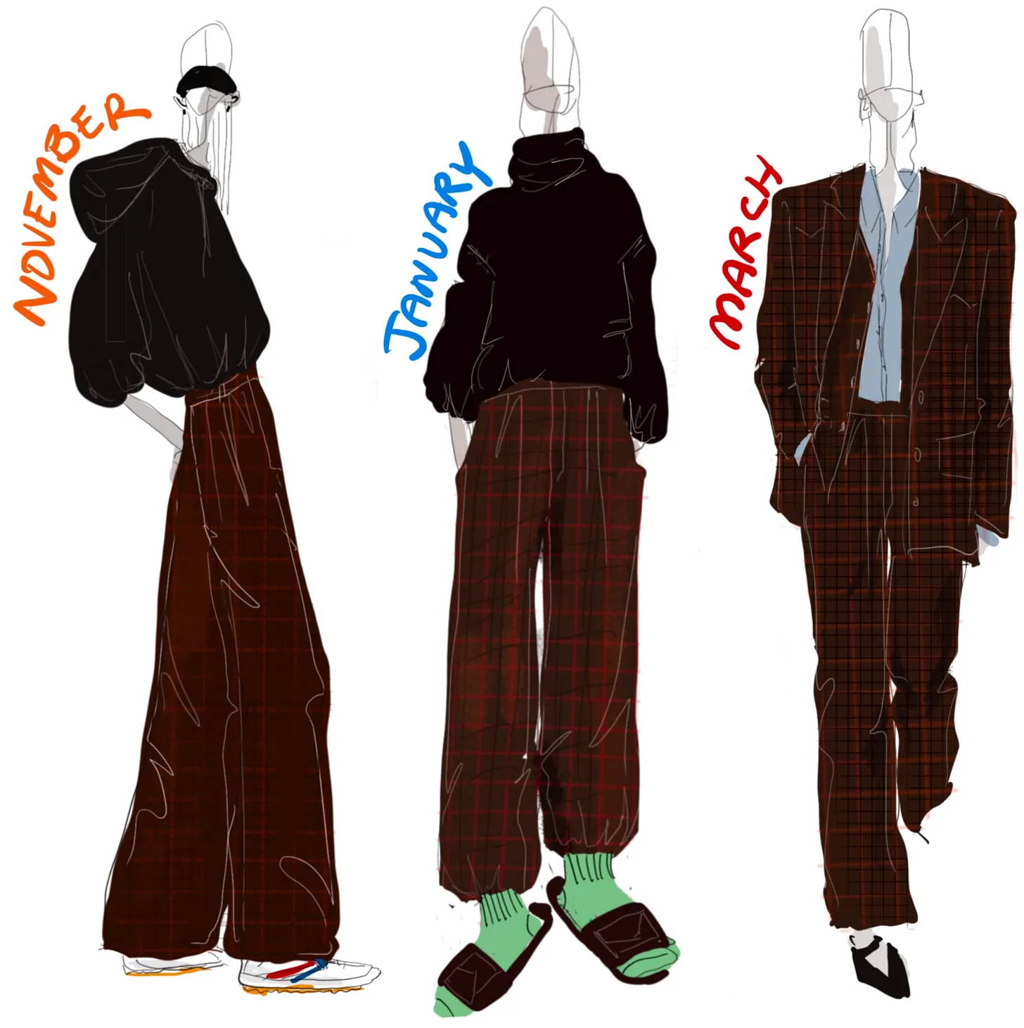 illustration of women wearing the same pants in different months