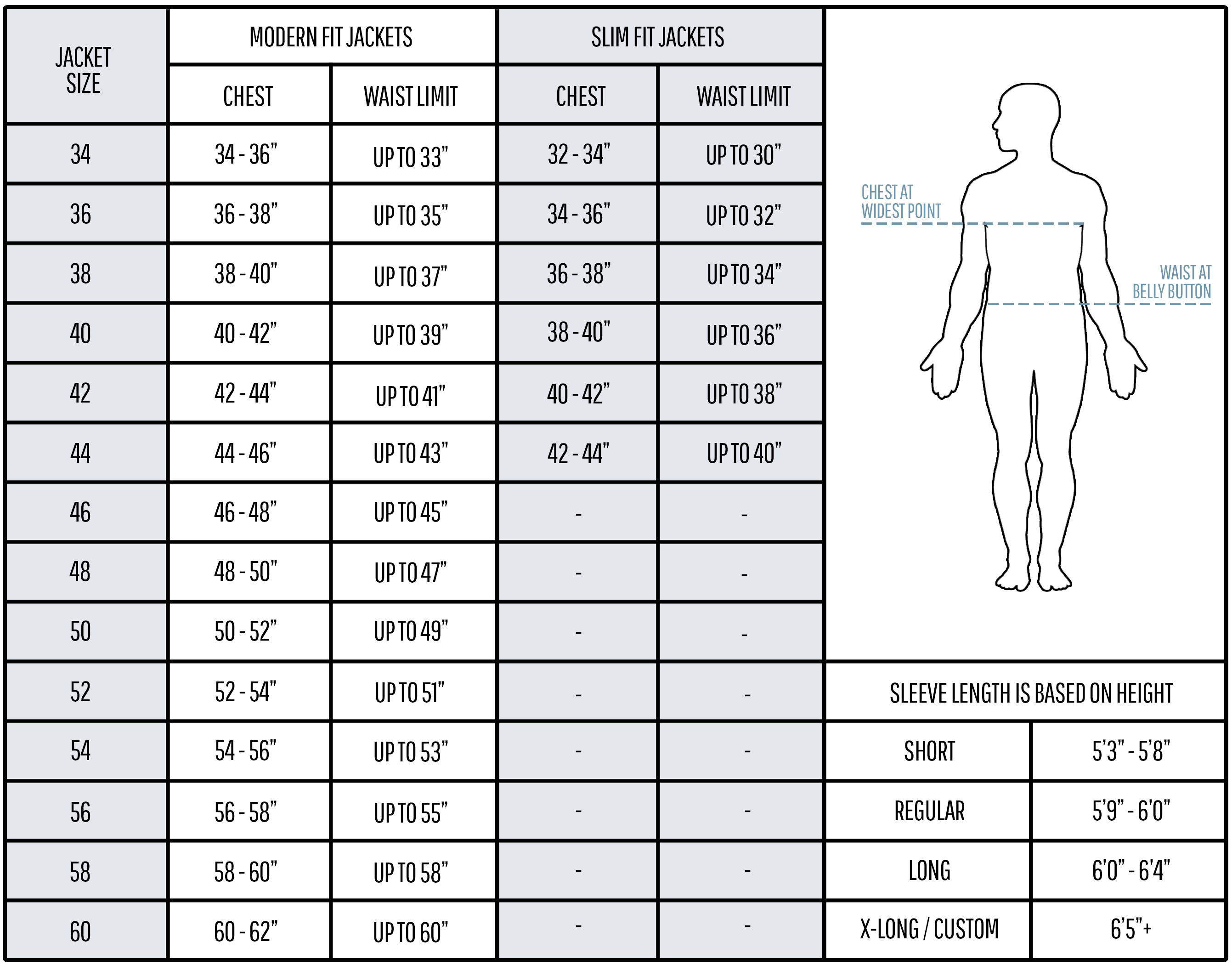 Jacket Size Charts Quick Easy Sizing Guide How To Measure 