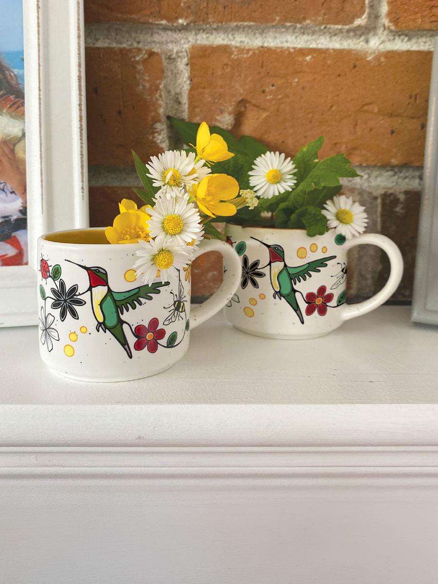 Hummingbird (Nenookaasi) Ceramic Espresso Mugs by Storm Angeconeb, Lac Seul First Nation, Ojibwe