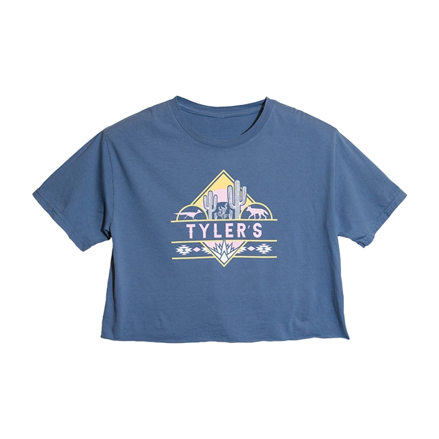 Blue cropped t-shirt with graphic design featuring 