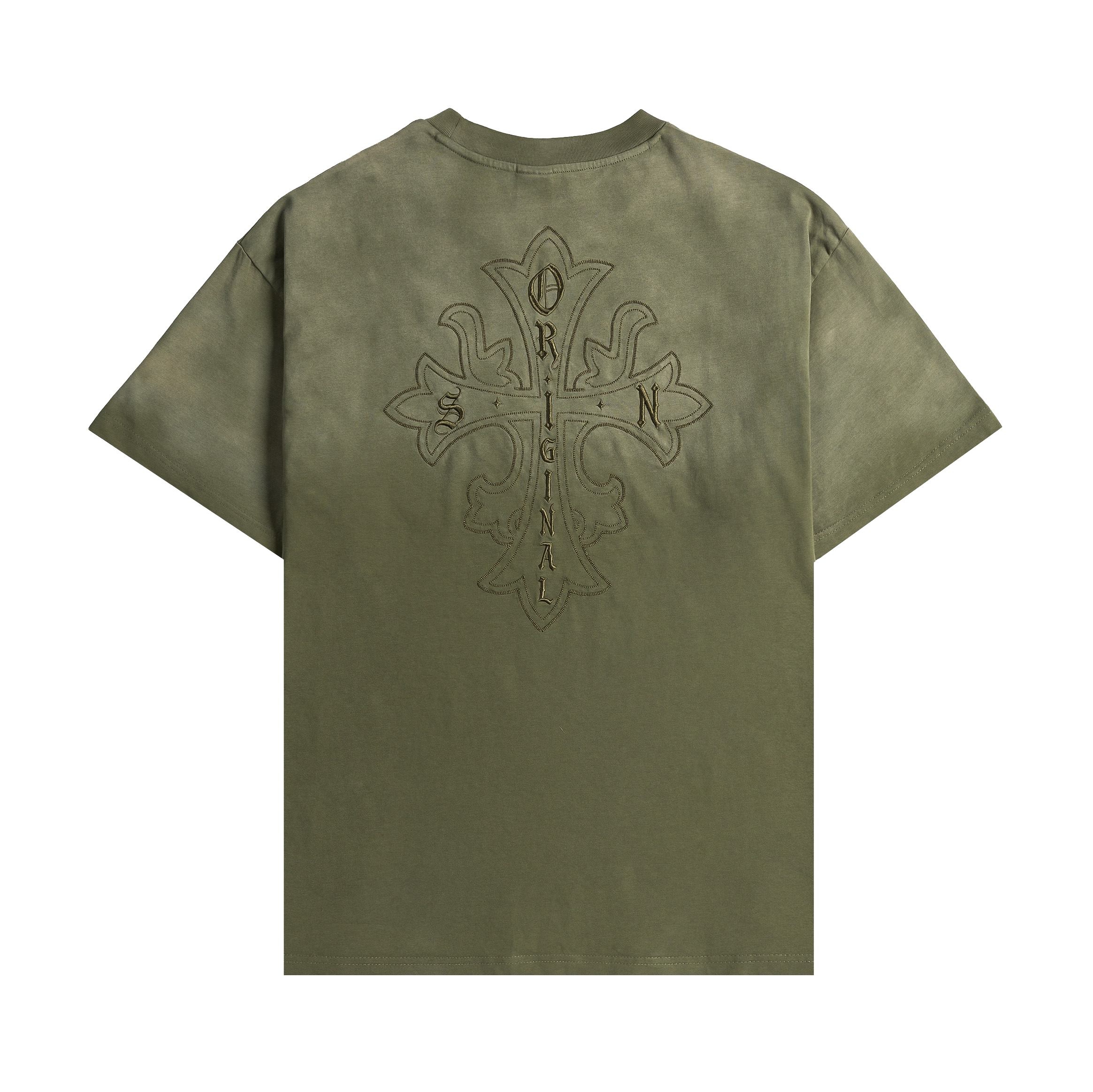 Olive green t-shirt with a decorative design on the front.