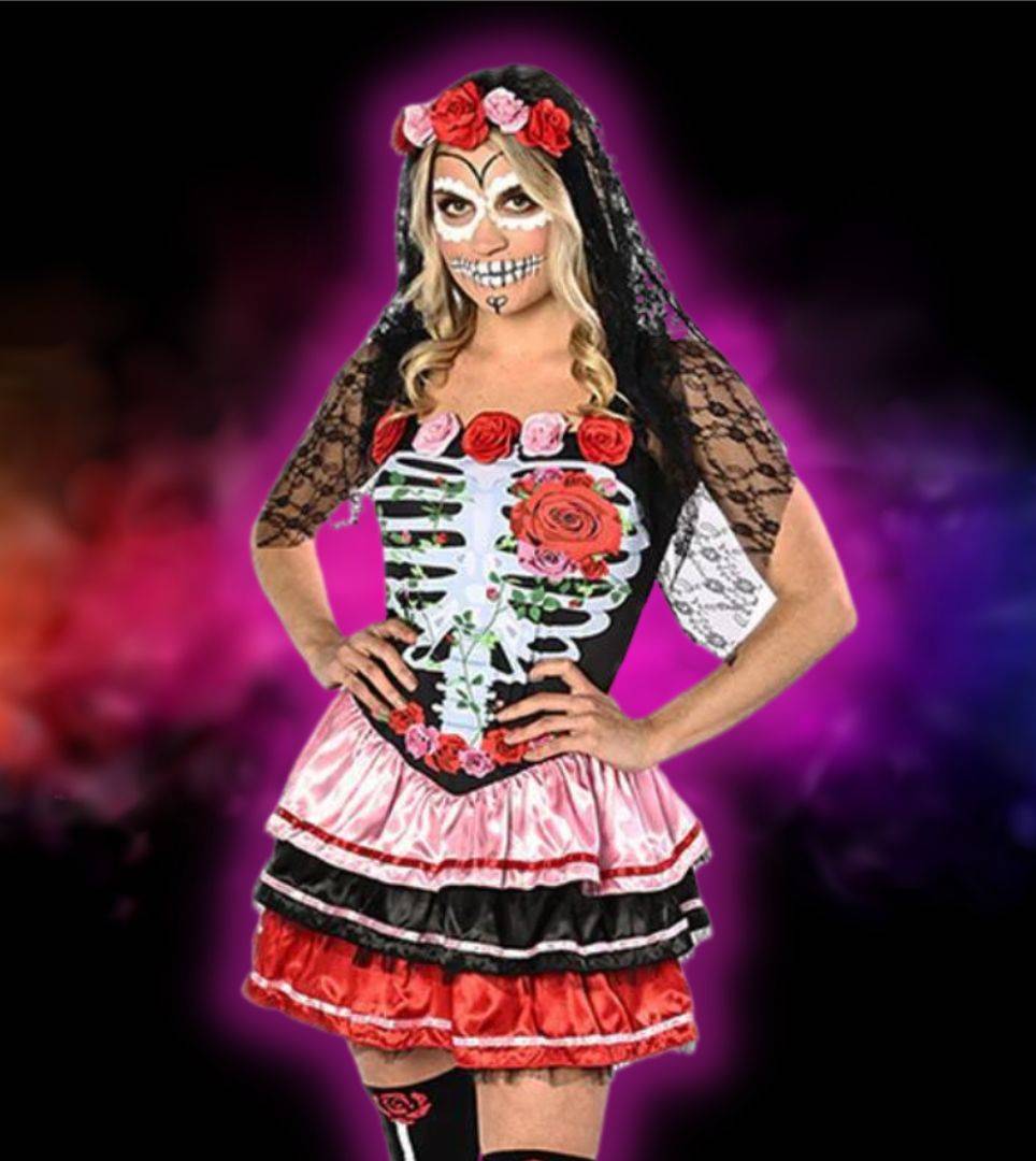Woman in black, white and red Day of the Dead costume on pink and black background. Shop all day of the dead costumes.