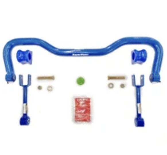 Blue sway bar with mounting hardware and accessories.