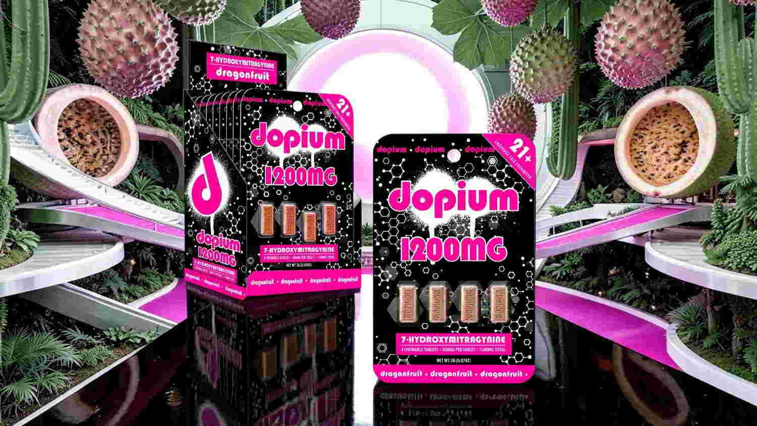 Two packages of Dopium Rooms with a colorful abstract background.