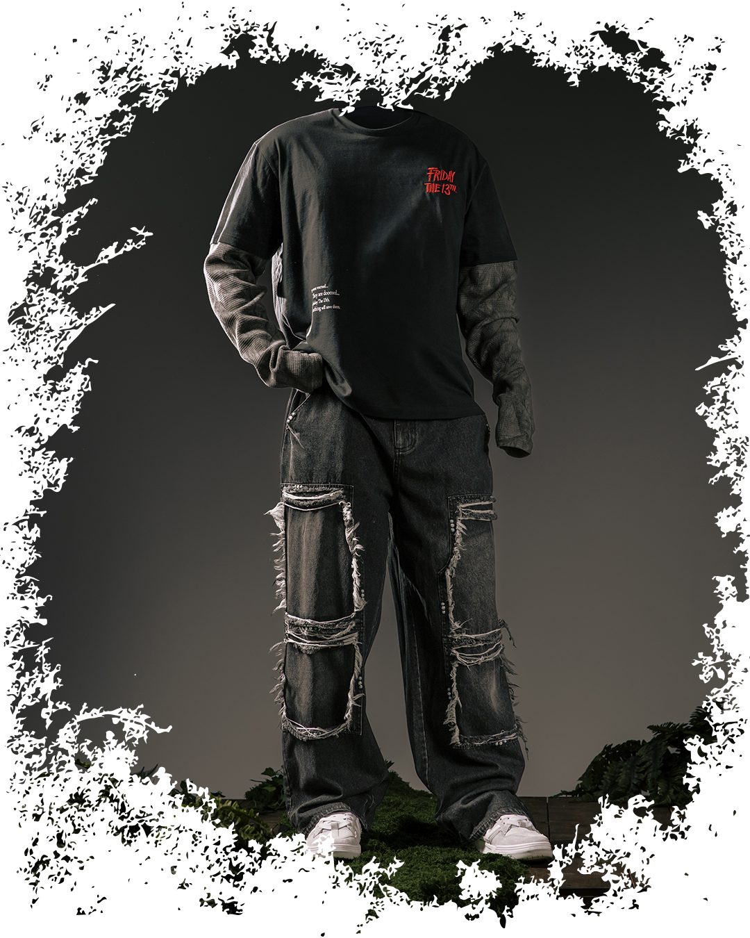Headless mannequin wearing a black shirt and distressed gray pants.