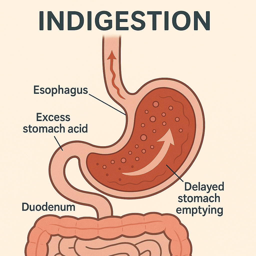 Diagrama que ilustra las causas de la indigestión, incluyendo el esófago, el estómago y el duodeno.