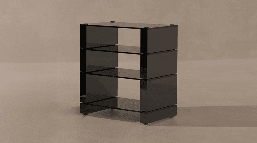 Black shelving unit with four transparent shelves against a neutral background.