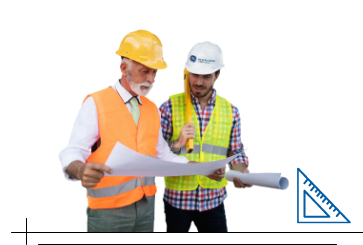 Two men in construction hard hats examining a blueprint