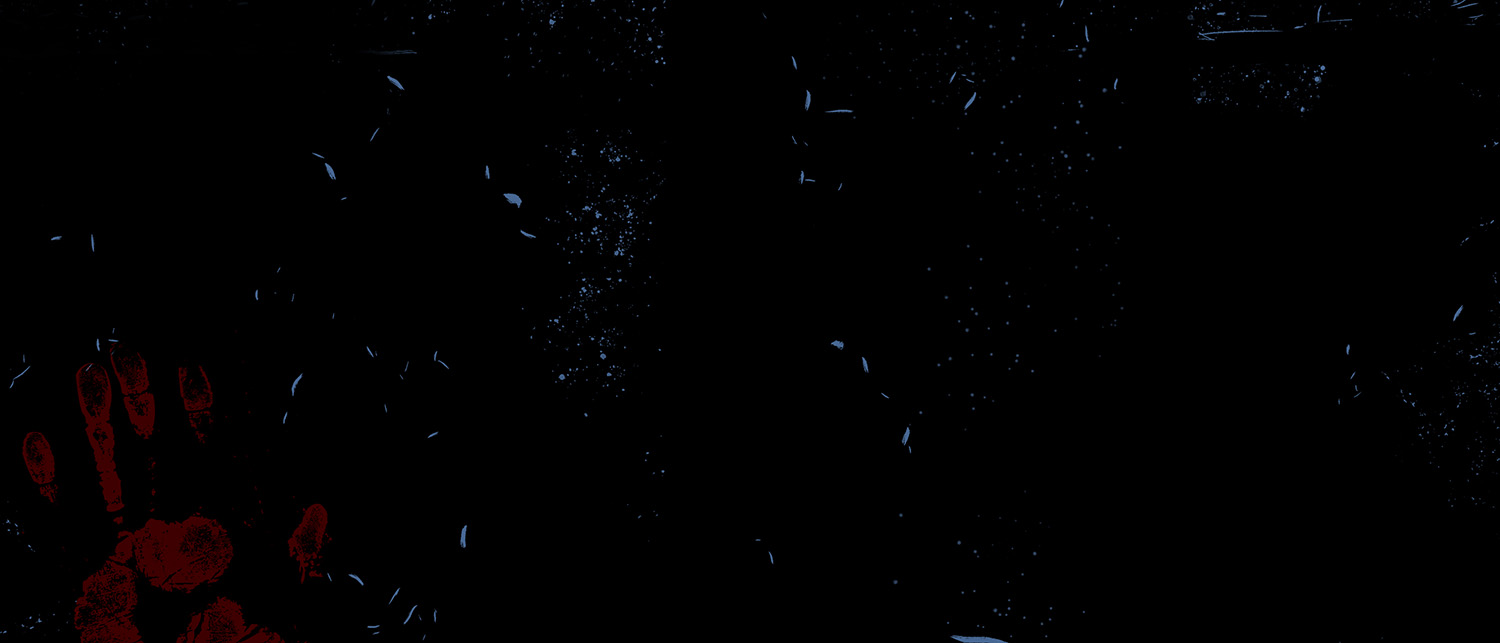 A dark background with a red handprint.