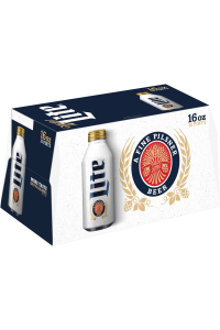 Sixteen-ounce pack of Miller Lite beer with logo and design.