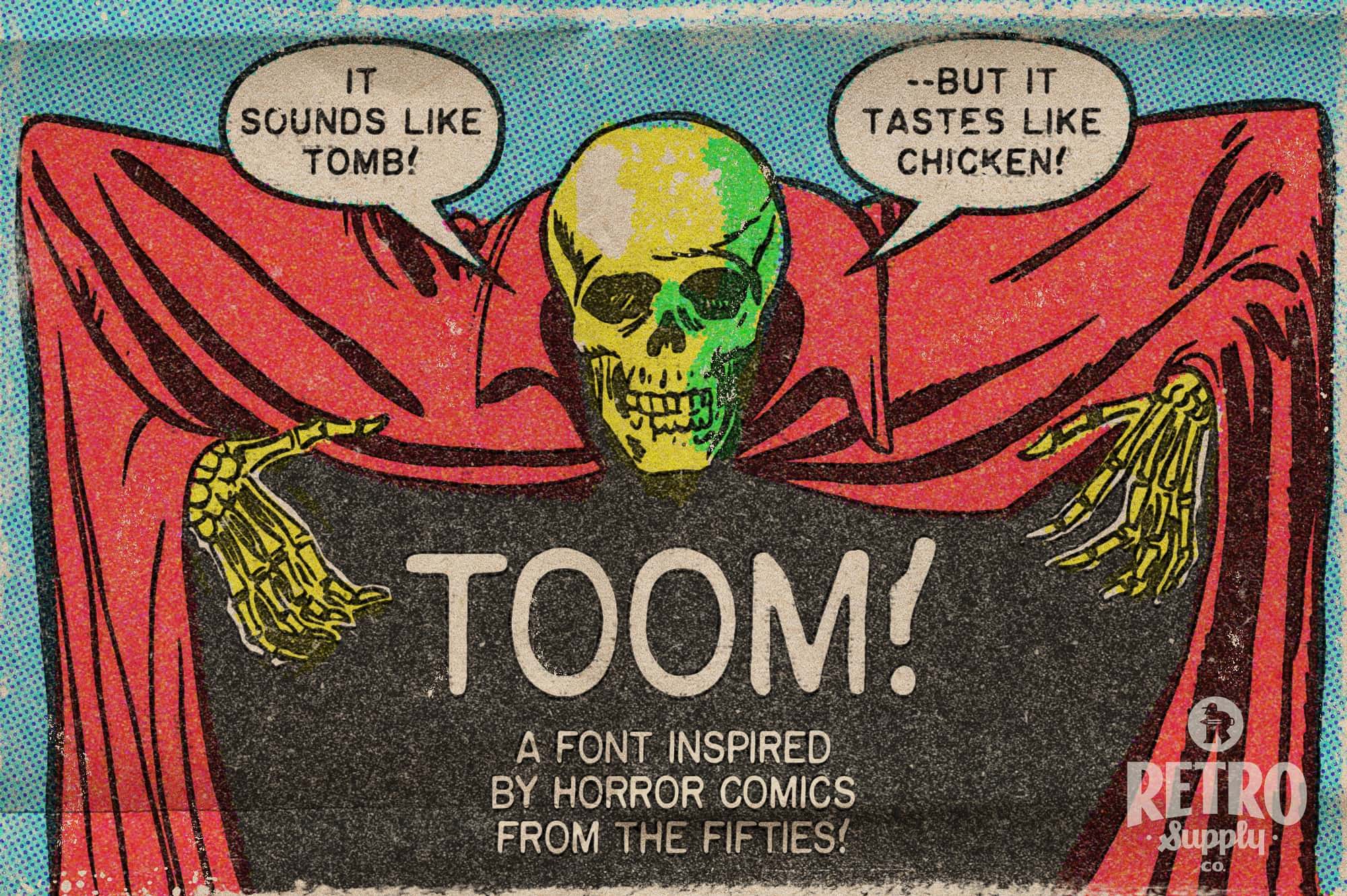 A yellow and green skeleton in a red cape lifting their arms to reveal a black void with text reading 
