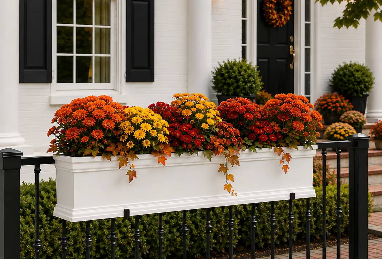 A Laguna PVC planter with colorful flowers in front of a house.