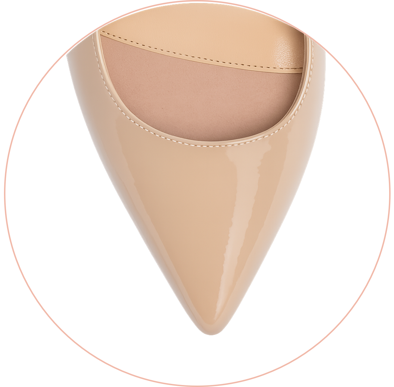 Beige pointed-toe high heel shoe viewed from above.