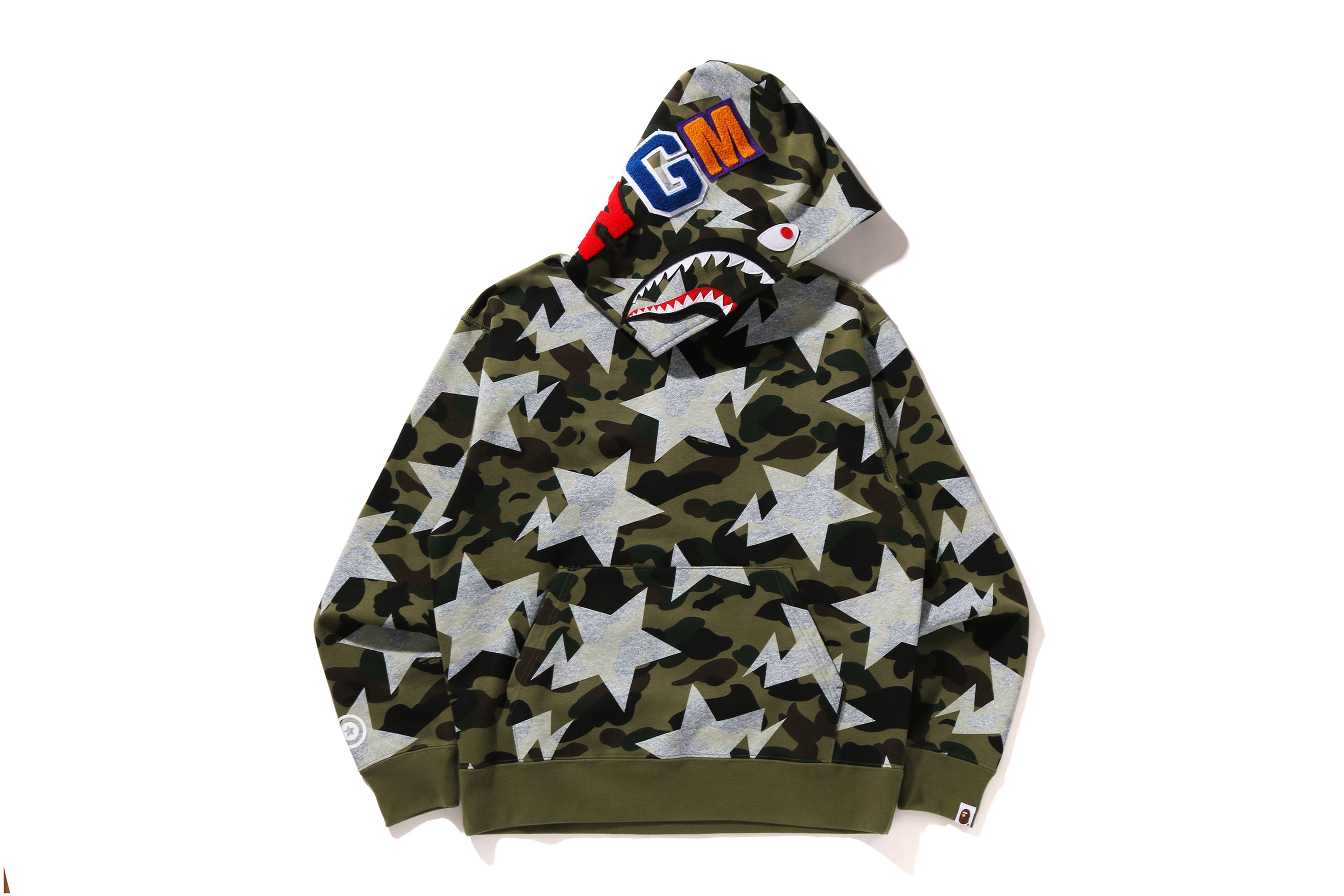 Camo hoodie with star pattern and colorful hood.
