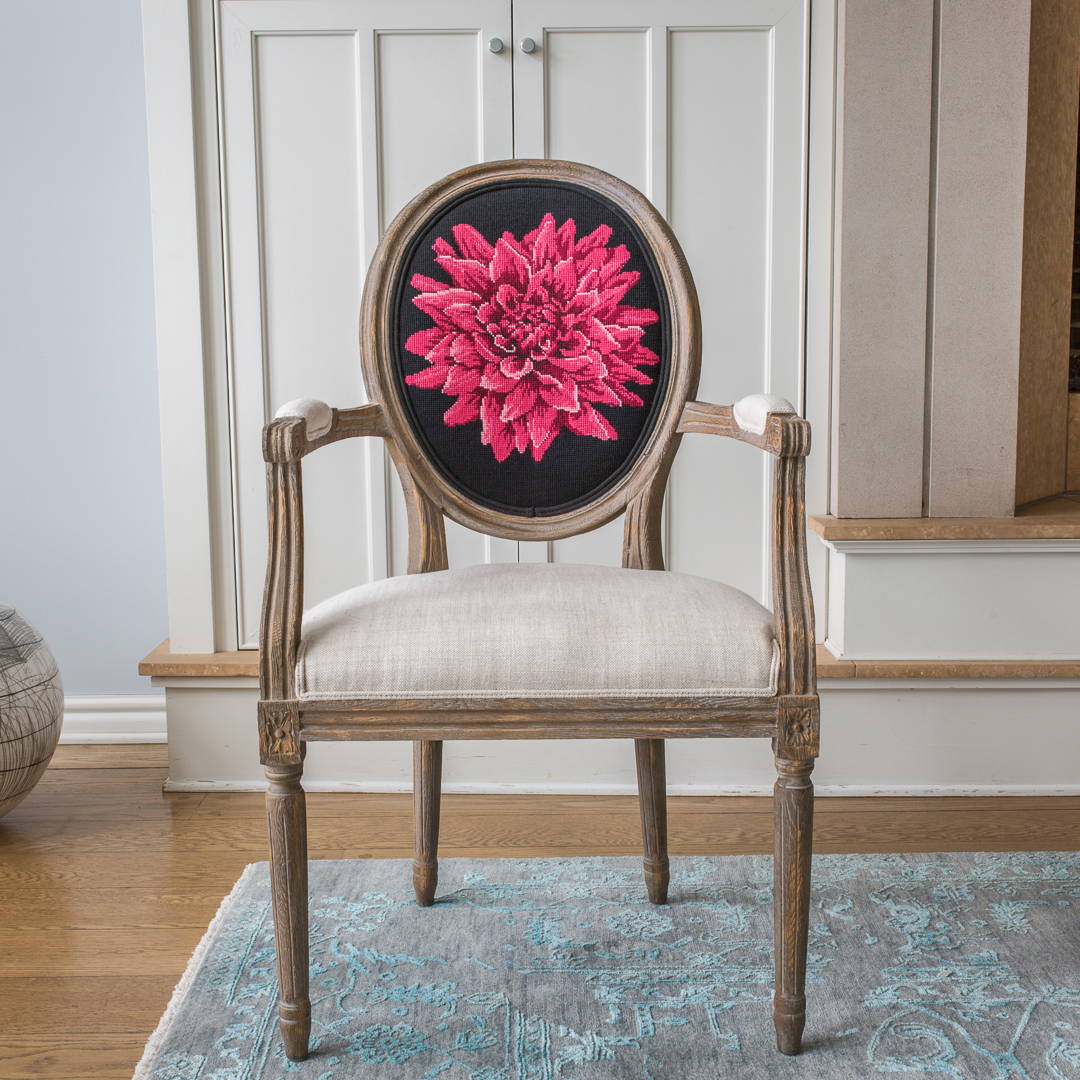 Chair finished with Dahlia needlepoint kit on the back rest