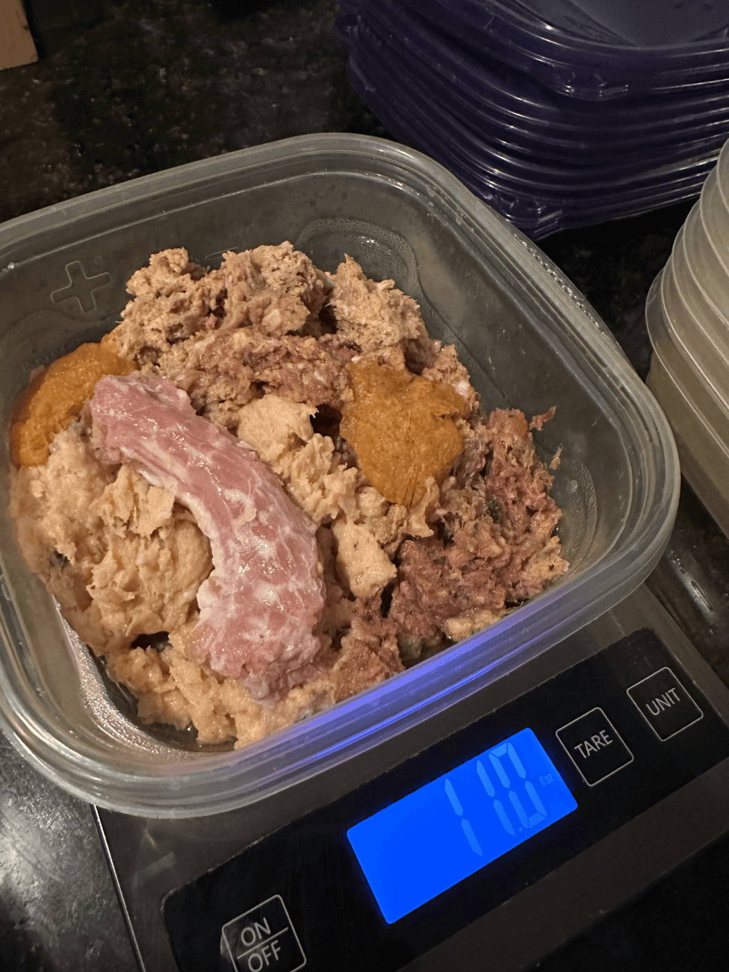 Raw meat in Tupperware container on kitchen scale.