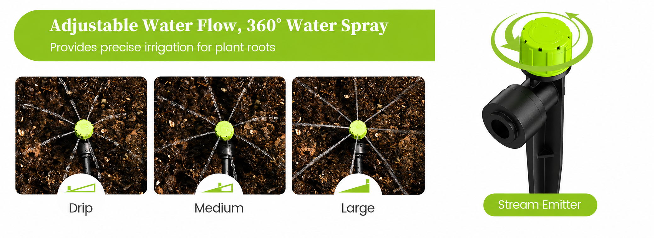 Adjustable water flow garden sprayer with three spray settings: drip, medium, large.