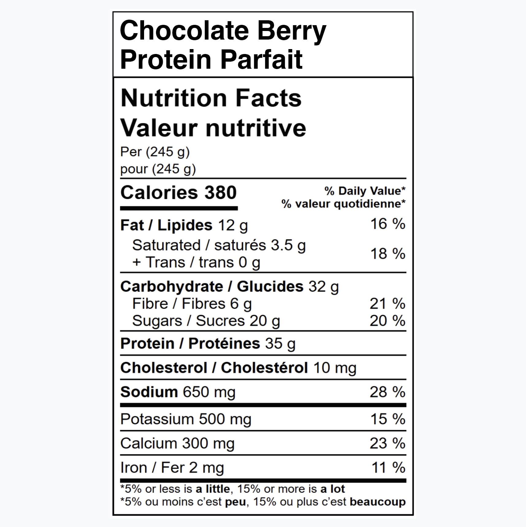 Nutrition facts label for Chocolate Berry Protein Parfait.