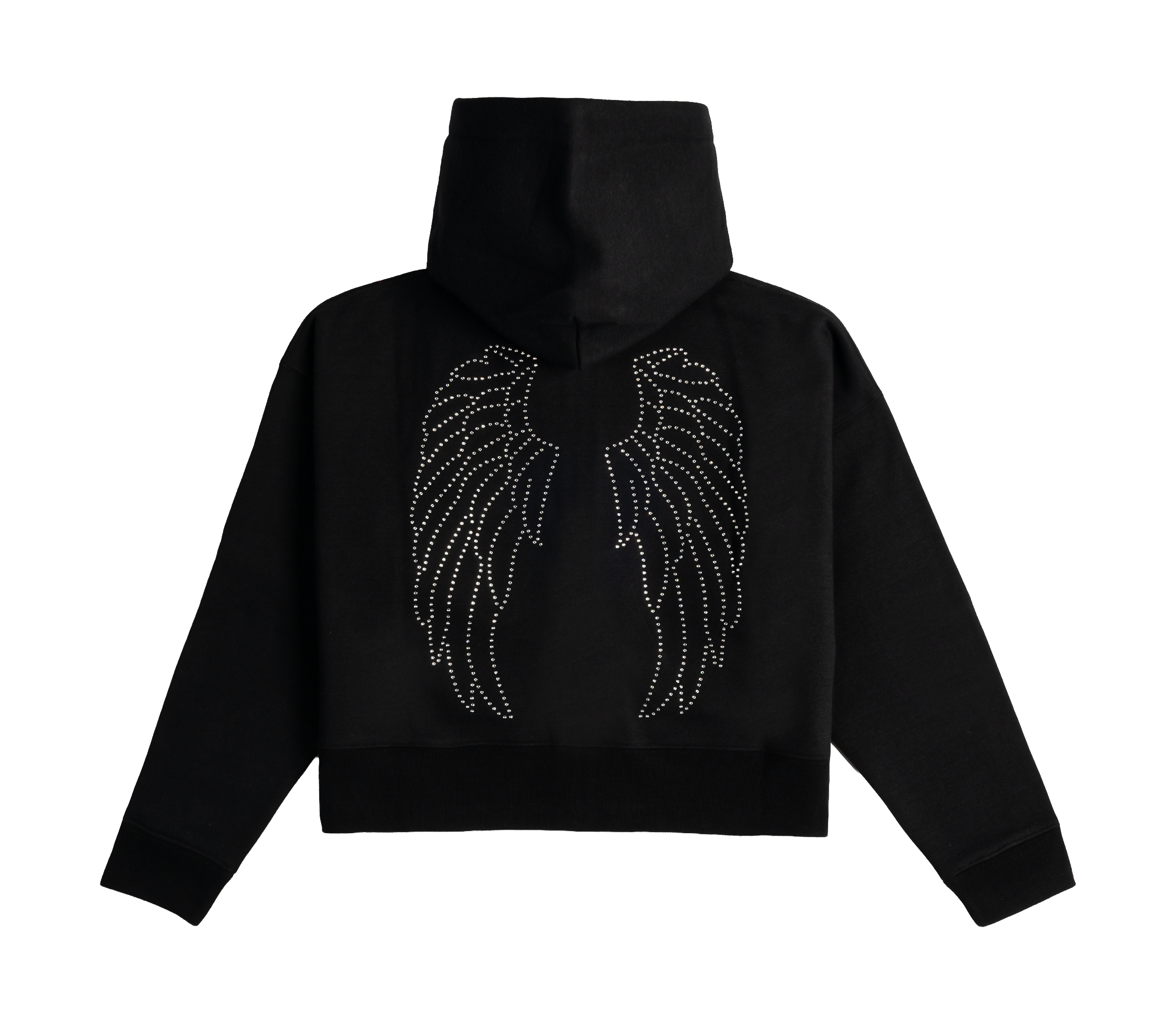 Black zip-up hoodie with a front pocket and logo on the chest.