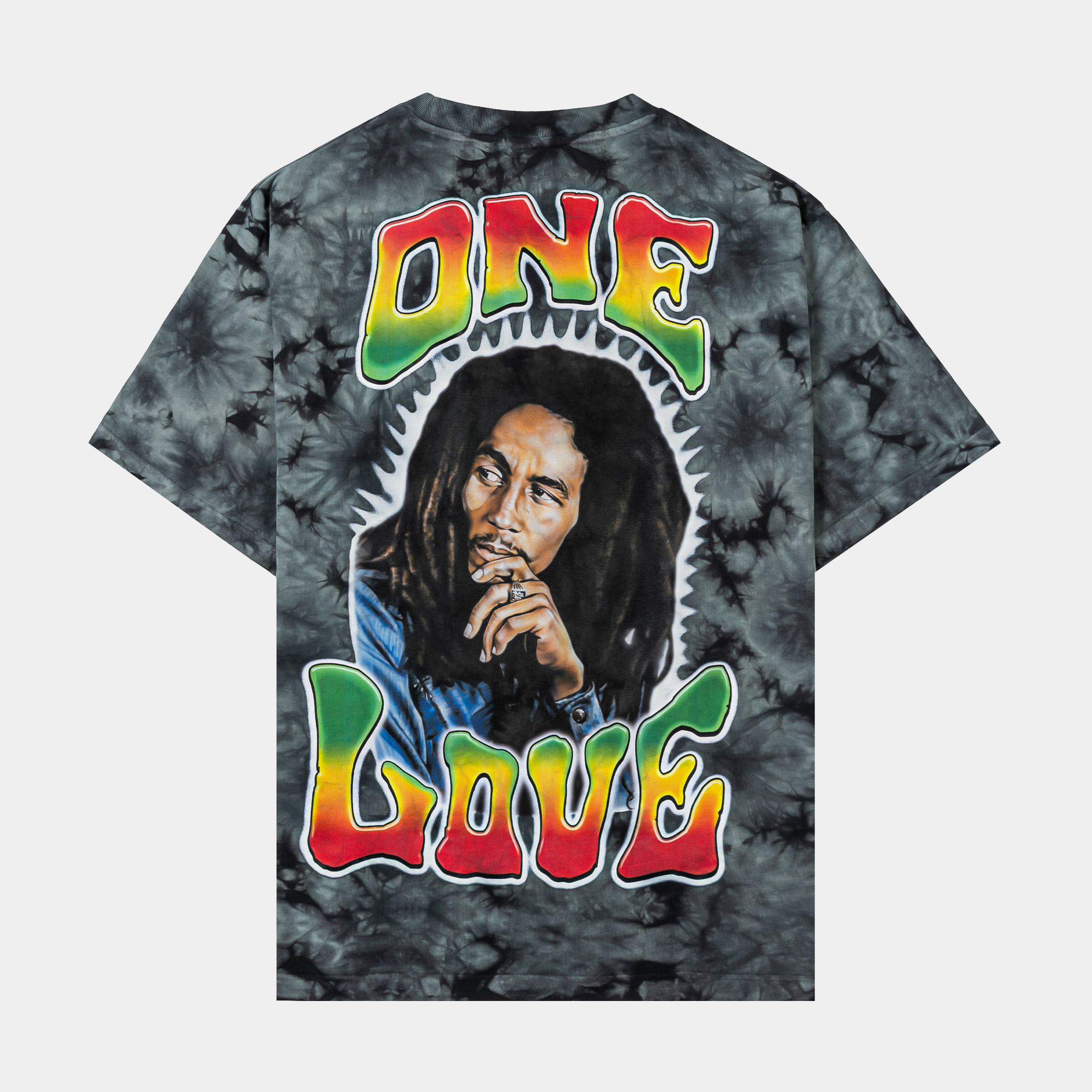 Gray tie-dye t-shirt with colorful graphic and text.