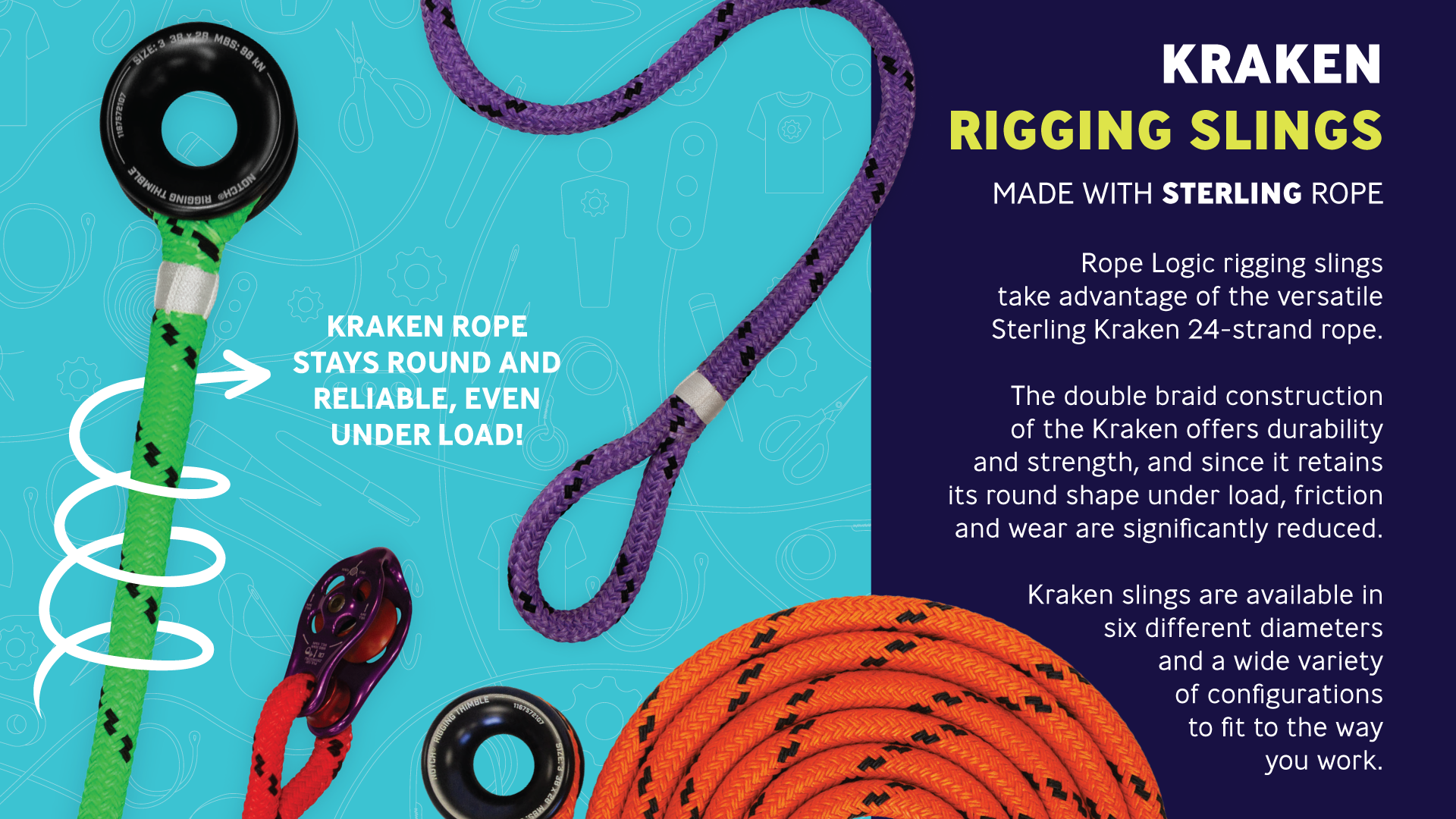 Colorful rigging slings with text about their features and benefits.