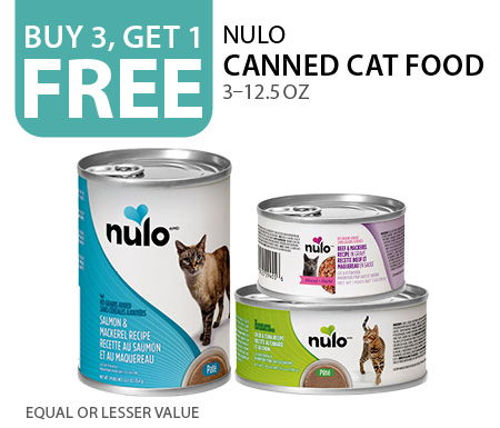Buy 3, get 1 free Nulo canned cat food 3–12.5oz. Equal or lesser value