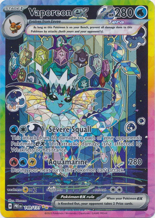 Vaporeon EX Pokémon card featuring art and stats.