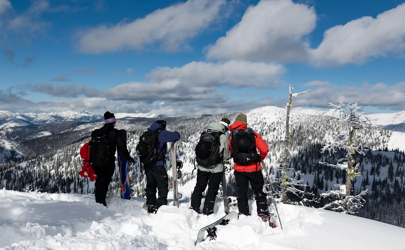 Four people in winter gear overlooking a snowy mountain landscape.
