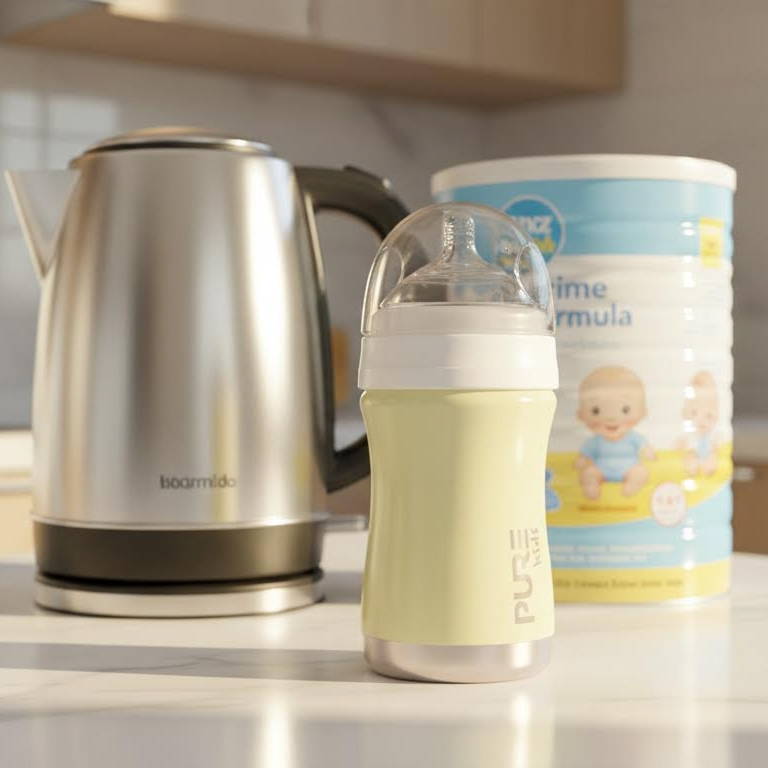 yellow baby bottle on a counter with a can of formula and a hot water kettle