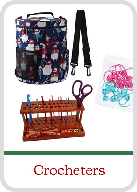 Crocheting tools and accessories including a bag, stitch markers, and tool storage. Gift Category: Crocheters