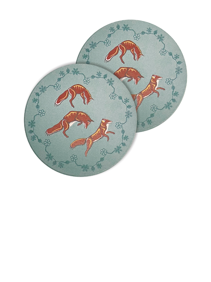 Foxes (Wagooshna) Ceramic Coasters by Storm Angeconeb, Lac Seul First Nation, Ojibwe