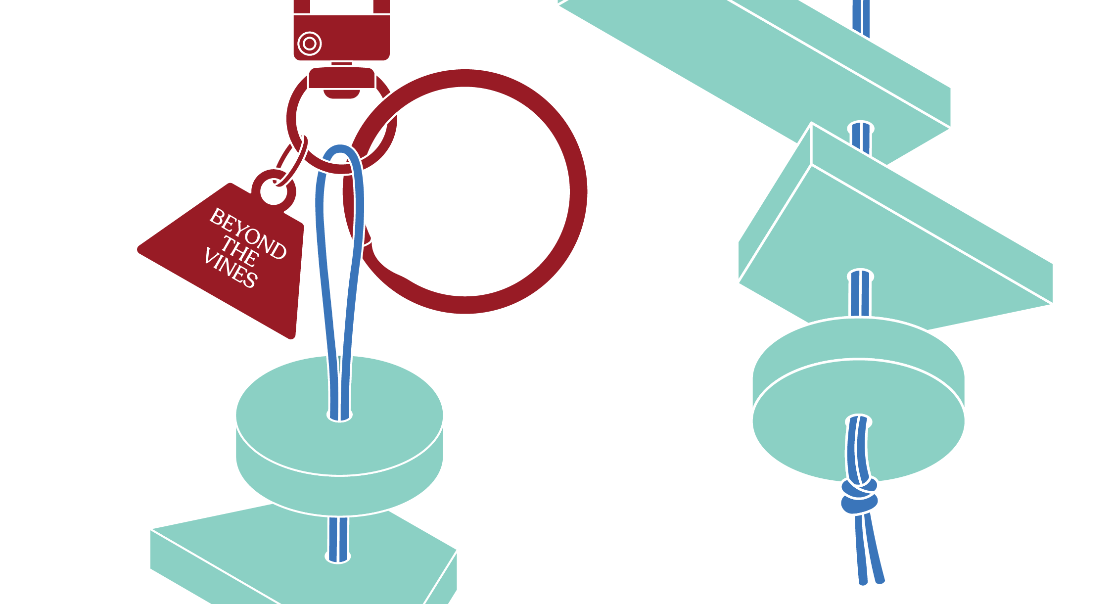 Illustration of pulleys and a keychain with a tag.