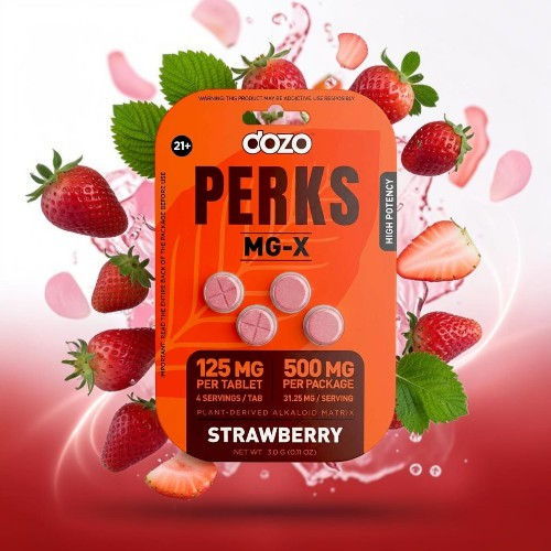 Strawberry-flavored supplement packaging with strawberries in the background.