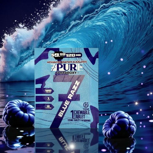 Product packaging for Blue Razz flavor with ocean wave background.