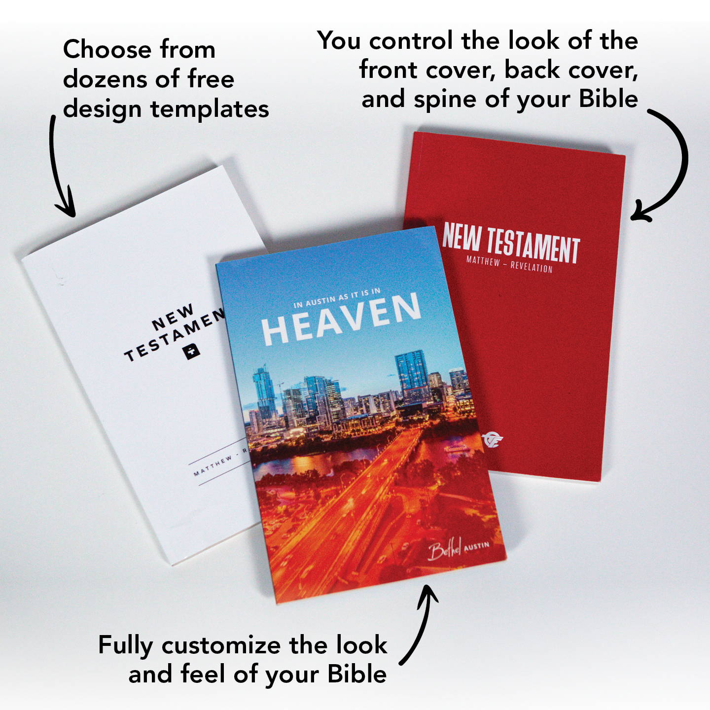Choose from dozens of free design templates. You control the look of the front cover, back cover, and spine. Fully customize the look at feel of your Bible.