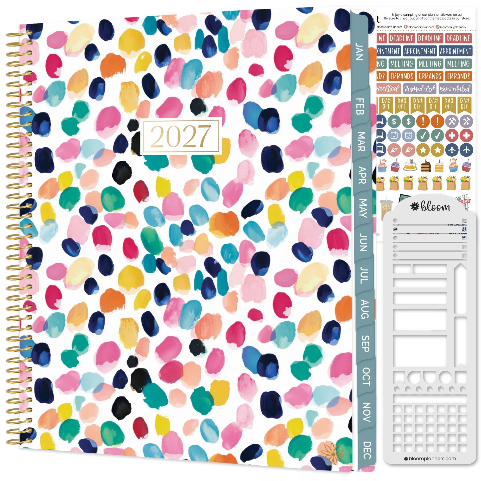 A medium soft cover 2027 planner with a cover that has a colorful rainbow mix of abstract dot shapes on a white background