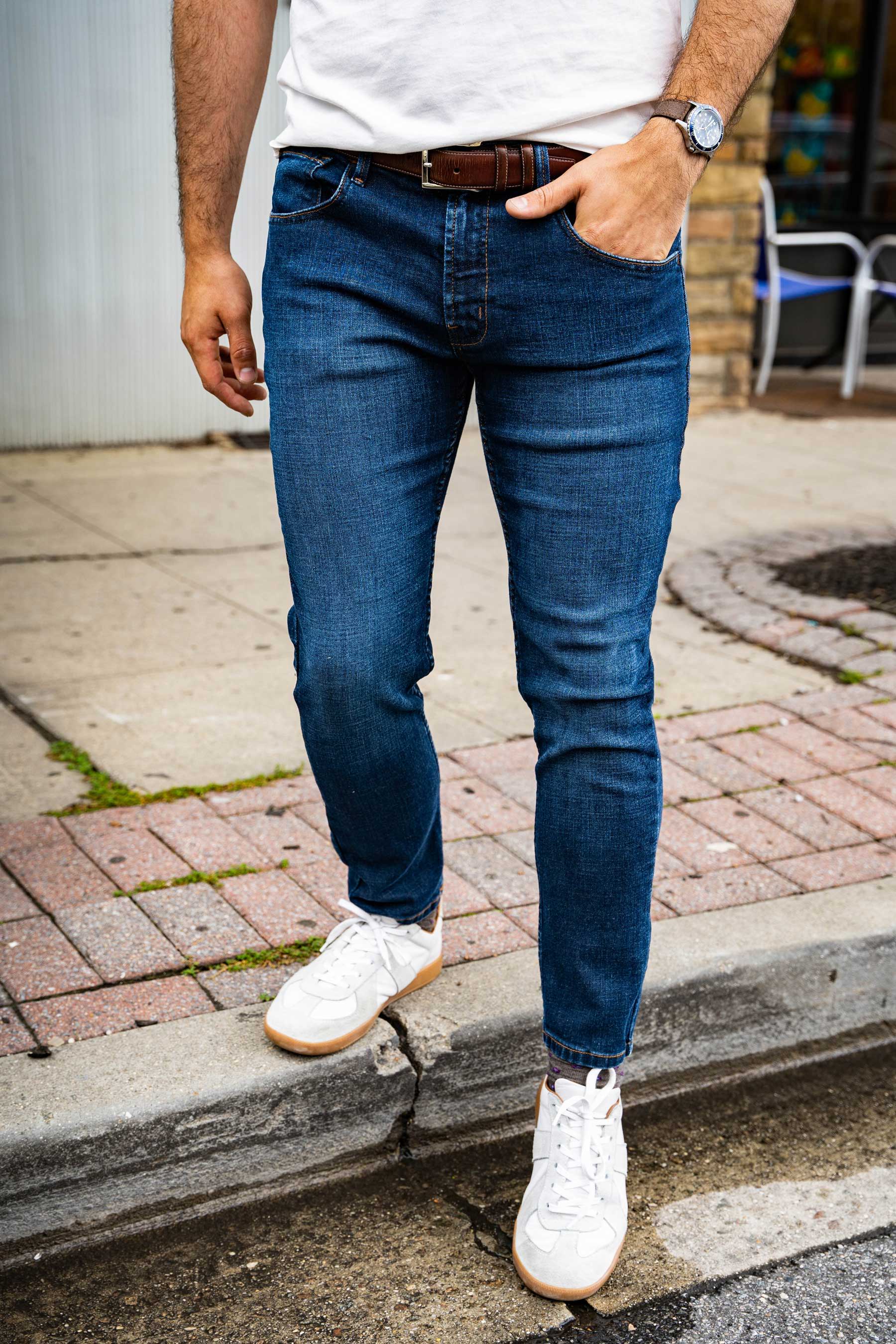 medium blue jeans for short men