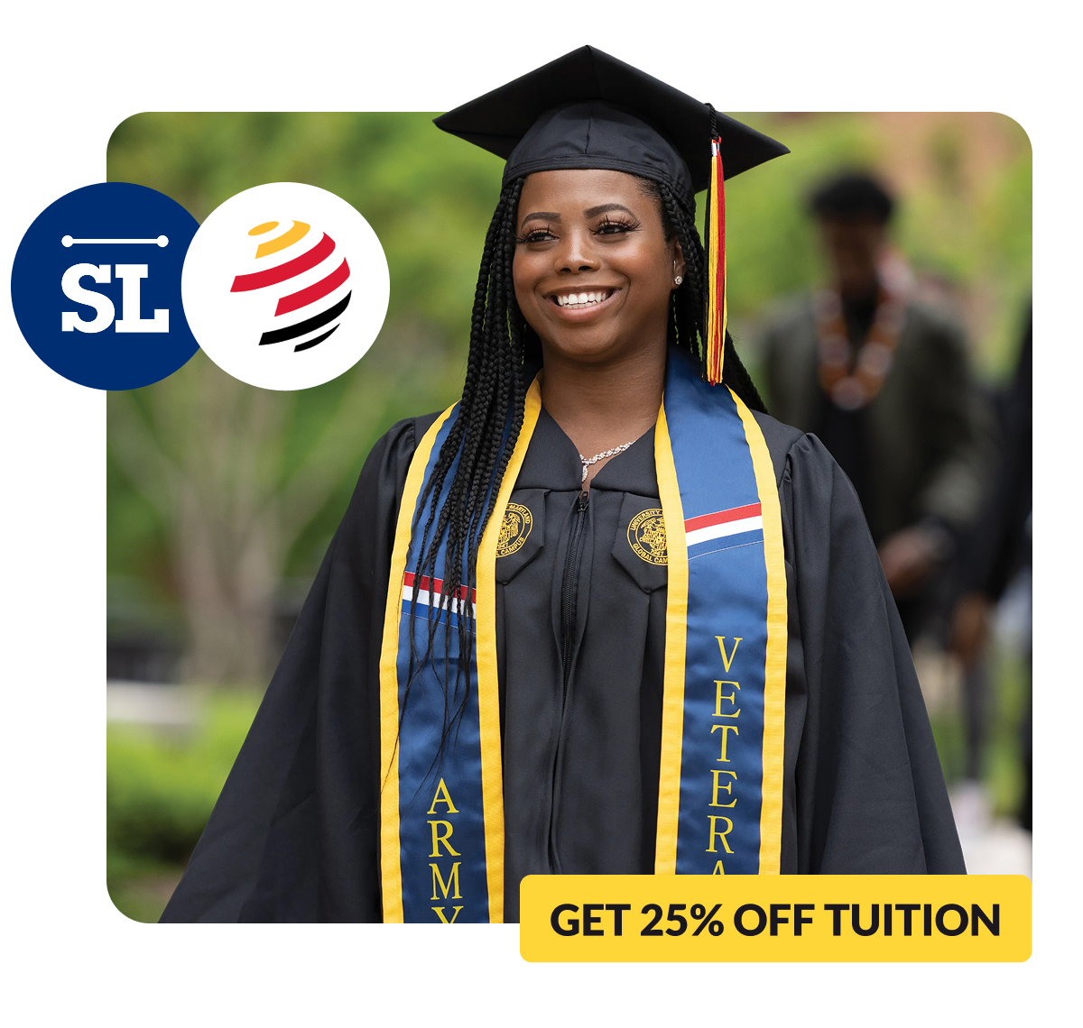 Smiling graduate in cap and gown with honor cords, promoting tuition discount.