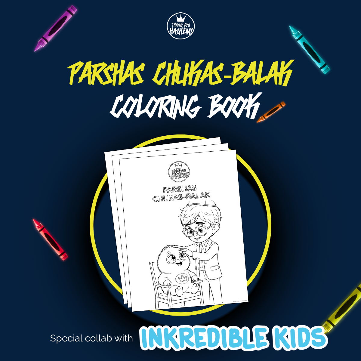 Parshas Chukas-Balak coloring book with crayons and playful design elements.