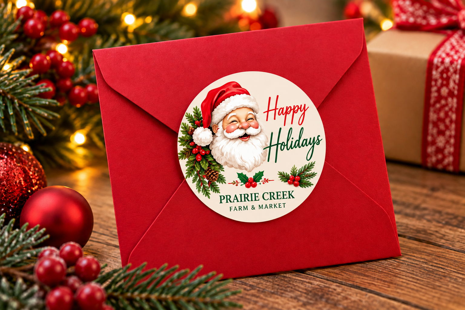 3-inch round custom holiday sticker featuring Santa and Prairie Creek Farm & Market on a red Christmas card envelope.