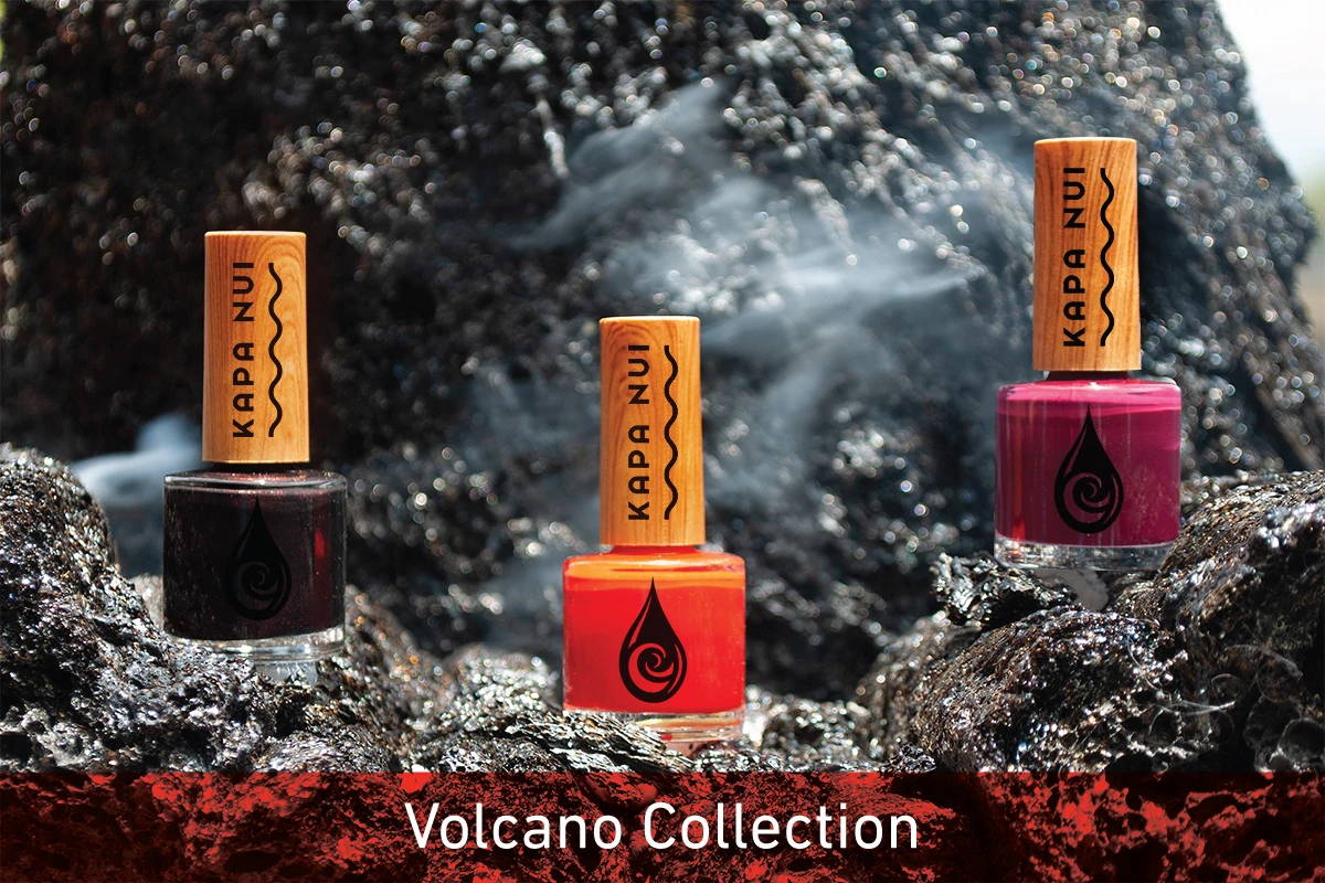 volcano collection by kapa nui nails sitting on lava rock with smoke