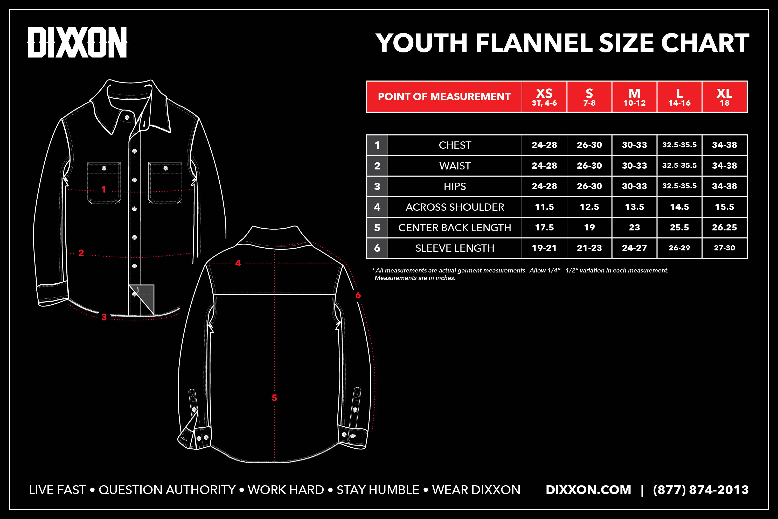 This size chart includes measurements for youth flannels, short sleeve bamboo shirts, and short sleeve party shirts.