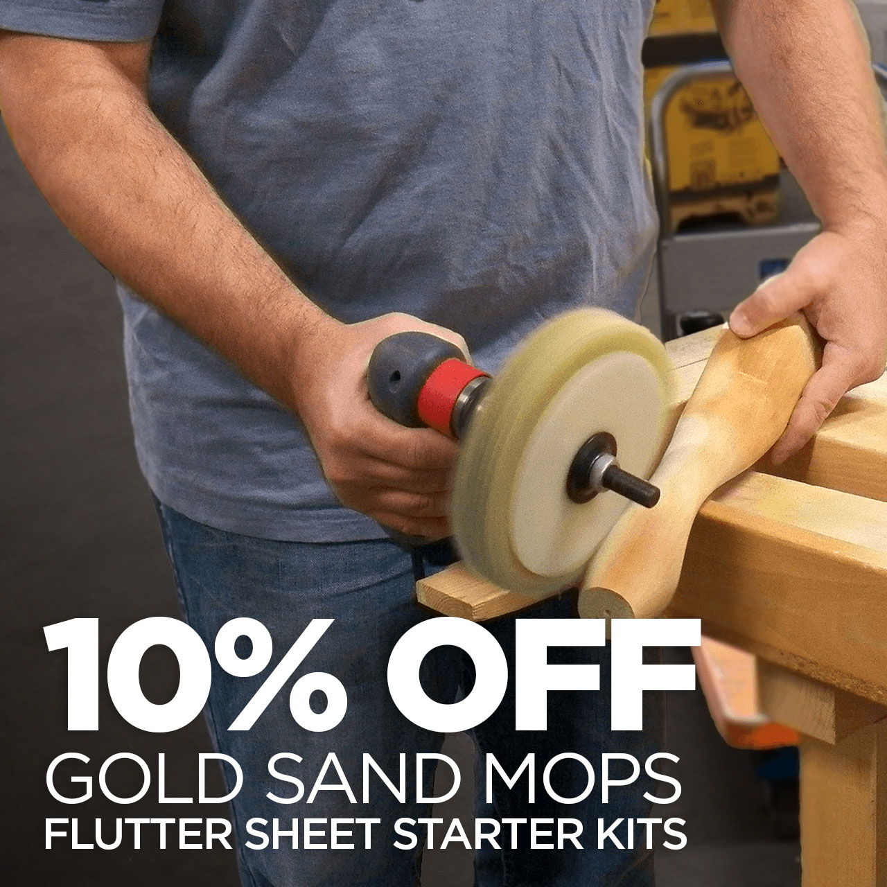 Man using a power tool on wood with promotional text.