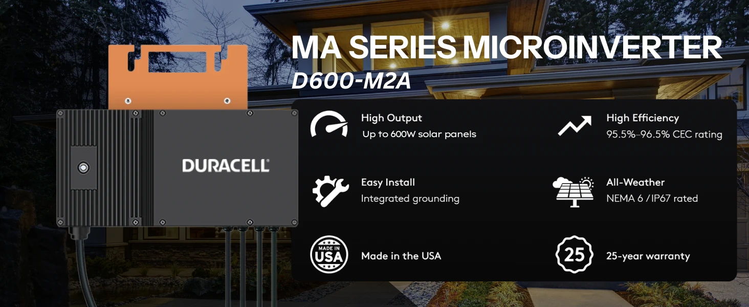 MA Series Microinverter specifications with a house in the background.