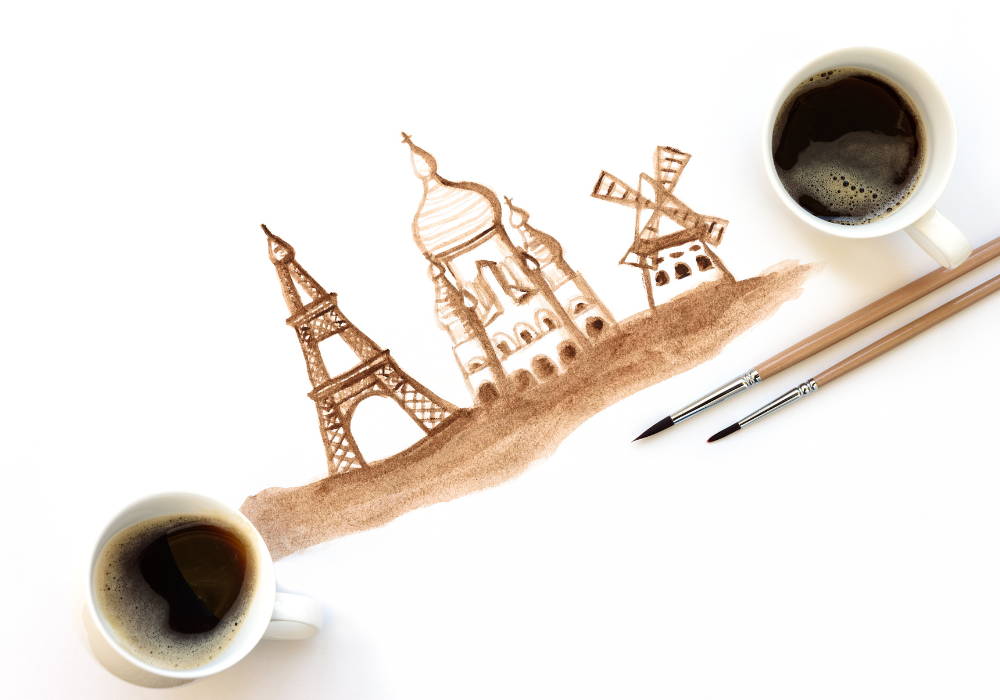 a watercolor painting of the eiffel tower, a mosque, and a windmill all using coffee with two cups of dark coffee on each side in white cups 