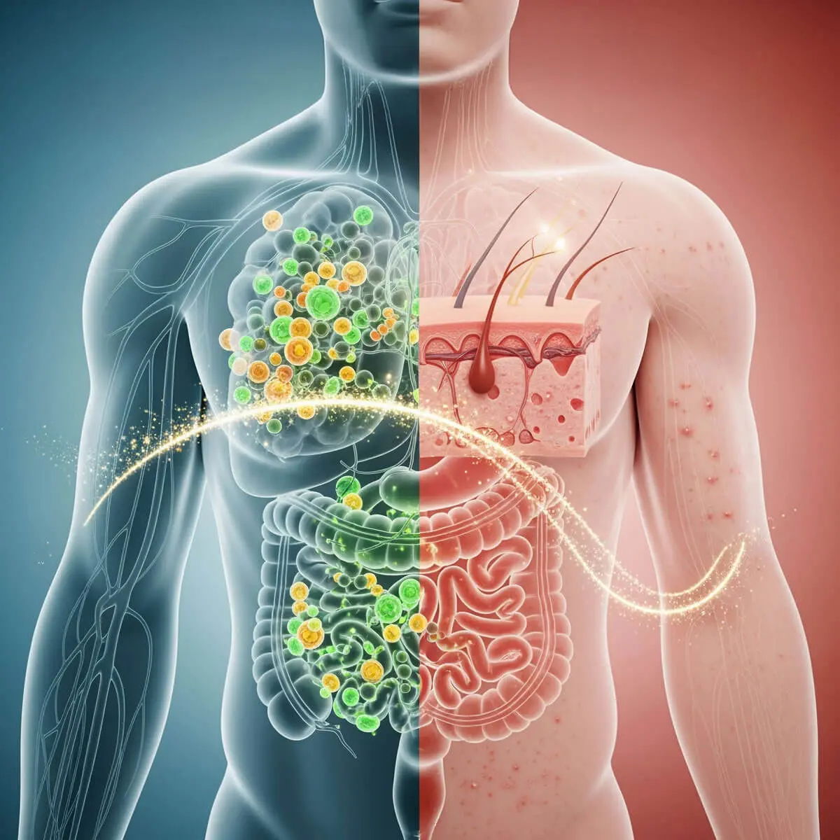 Illustration of human body highlighting a link between gut and skin health.