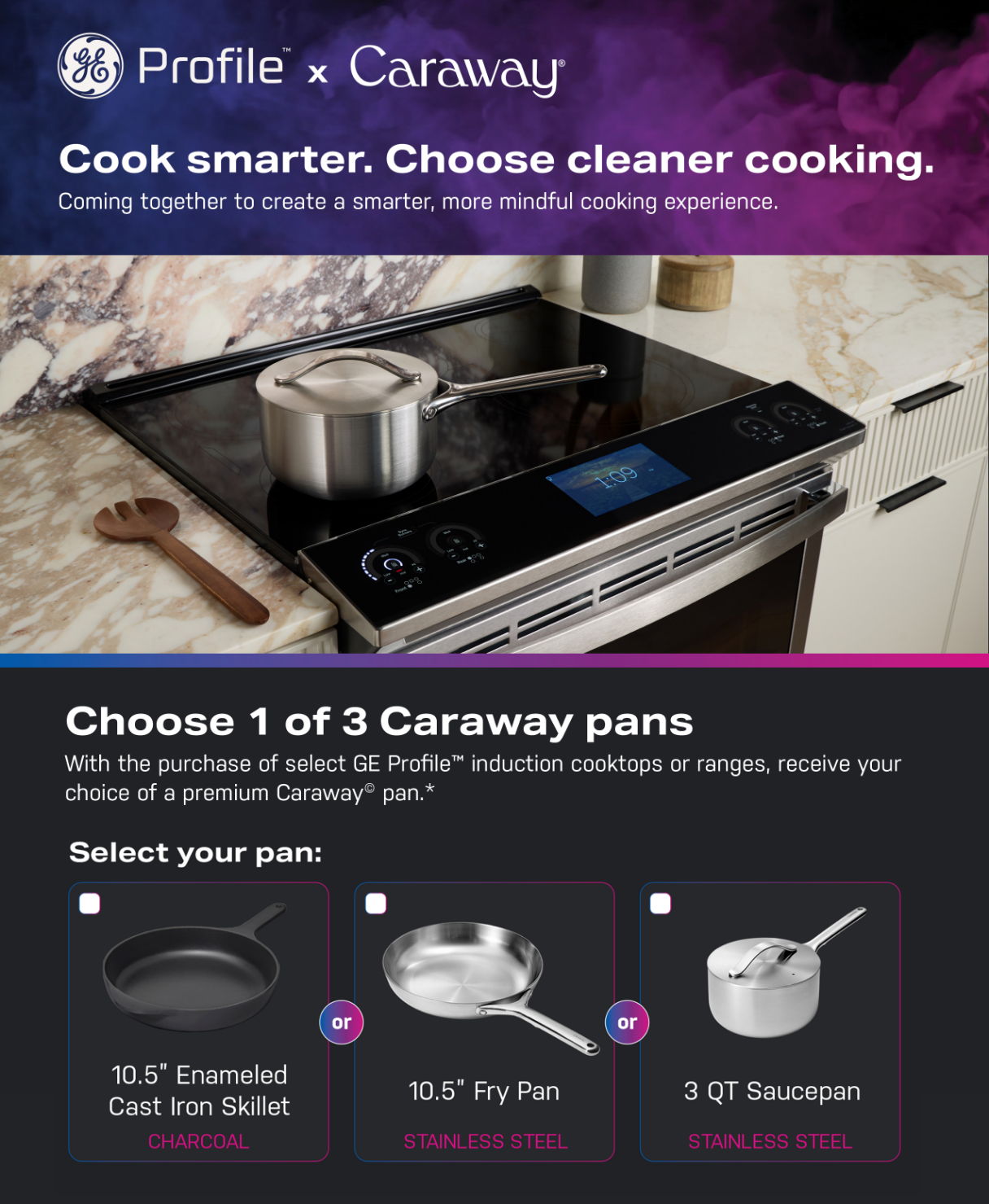 Advertisement for GE Profile and Caraway cookware options.